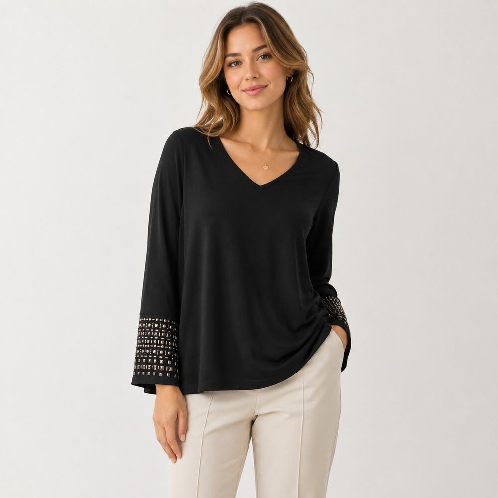 Susan Graver Liquid Knit Blouse Women's Size 3X Black Embellished Cuffs Office